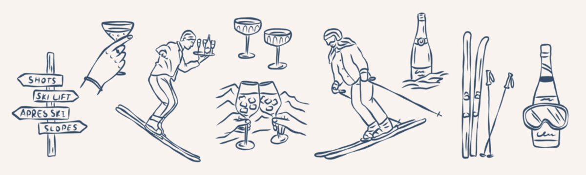 Hand drawn retro apres ski elements collection