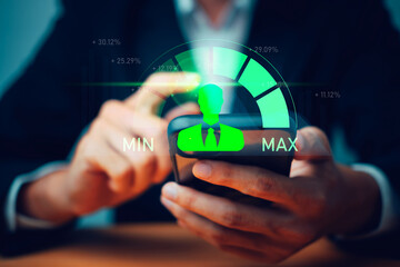 Digital performance evaluation meter displayed above a smartphone, representing business assessment, KPI tracking, employee performance analysis, productivity rating, and modern data-driven evaluation