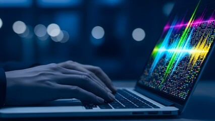 Hands typing on laptop with digital data stream overlay