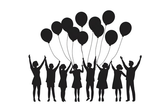 Silhouette Celebration with Balloons: A joyous silhouette of a diverse group of individuals celebrating with balloons against a bright backdrop, symbolizing unity and togetherness. 