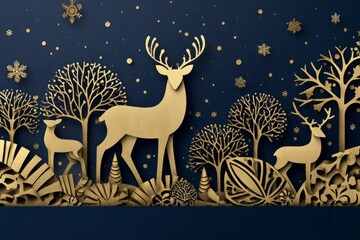 Golden papercraft deer in winter forest scene
