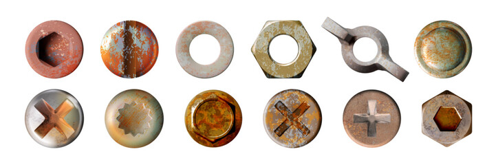 Rust nail. Head of metal screw bolt. Rusty rivet. Old pin top. Vintage copper texture. Brown industrial iron. Self-tapping fastener. Fastening assortment. Vector realistic objects set