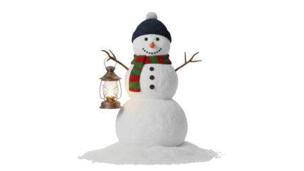 Cheerful Snowman with Blue Hat, Striped Scarf, and Vintage Lantern, Isolated on White Background
