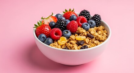 Bowl of Granola with Fresh Berries on Pink Background.