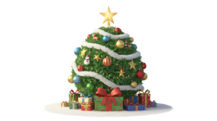 Isolated Cute 3D Render Christmas Tree with Presents and Golden Star Topper
