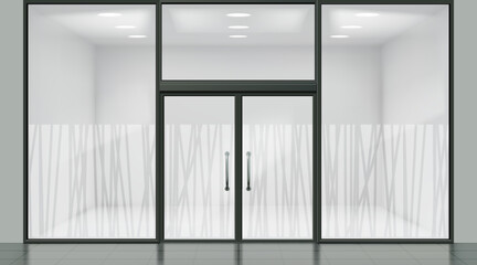 Glass office. Frost wall design pattern. Shop building storefront. Abstract vinyl film graphic or 3d line door texture. Window mural print shapes. Vector architecture exterior mockup