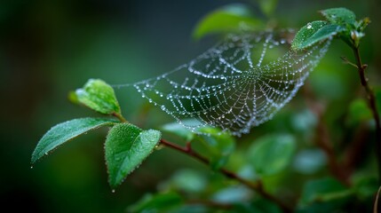 Delicate Spider Web Glistening with Morning Dew on Green Leaves in a Natural Outdoor Setting