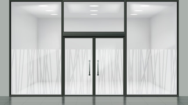 Glass office. Frost wall design pattern. Shop building storefront. Abstract vinyl film graphic or 3d line door texture. Window mural print shapes. Vector architecture exterior mockup