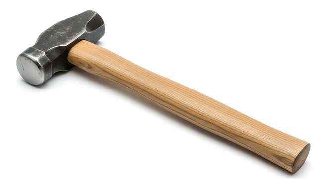Ball peen hammer with wooden handle on white background.