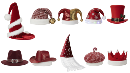 Isolated Collection of Red and Burgundy Holiday, Christmas, and Costume Hats