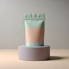 Minimalist Stand-Up Pouch Mockup on a Display Pedestal, Perfect for Branding Product Packaging Design with a Customizable Label Template