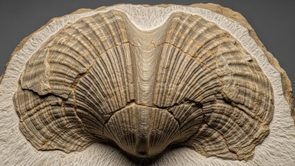 A fossilized shell, likely from a marine organism, with a detailed and intricate structure.