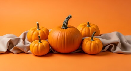 Autumnal Abundance - A Collection of Pumpkins on Orange Backdrop.