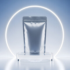 Blank Stand-Up Pouch Mockup for Product Packaging. Sleek Design Template on a Clear Pedestal, Highlighted by a Glowing Circular Neon Light for Effective Branding