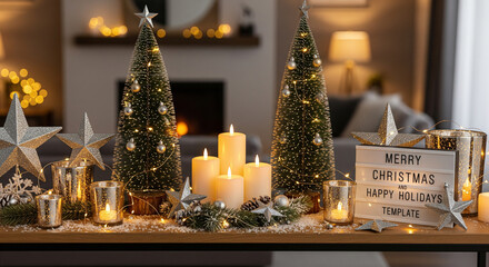 Merry Christmas holiday decoration with twinkling lights and candles