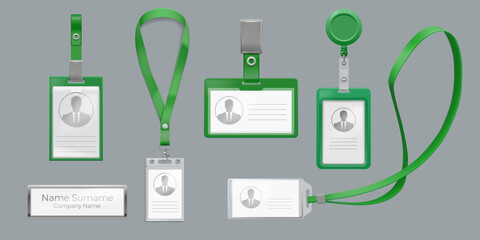 Name tag. Employee ID holder with lanyard. Plastic staff identification for office. VIP membership label at necklace cord. Access for business conference. Vector realistic objects set