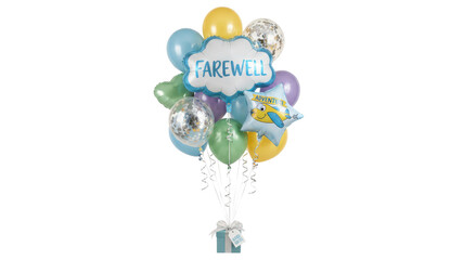 Isolated Farewell Balloon Bouquet with Yellow, Blue, Green, Confetti, Star Balloons, and 'FAREWELL' Cloud Balloon on White Background