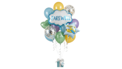 Isolated Farewell Balloon Bouquet with Yellow, Blue, Green, Confetti, Star Balloons, and 'FAREWELL' Cloud Balloon on White Background