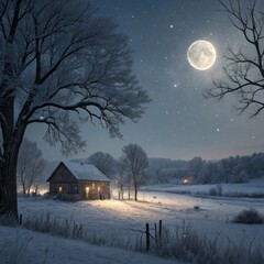Serene snowy landscape with a cozy wooden house and bright moonlight at night