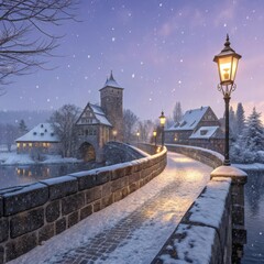 Snowy medieval bridge with lanterns at dusk in picturesque winter landscape