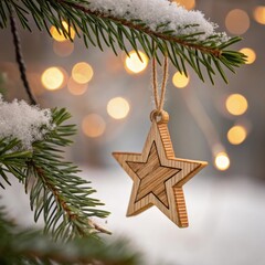 Christmas wooden star ornament hanging on a snowy pine branch with blurred lights background