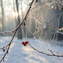 Frosted spider web with red berries in a serene winter landscape background