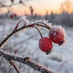 Frost-covered red berries with a peaceful mood against a winter landscape background
