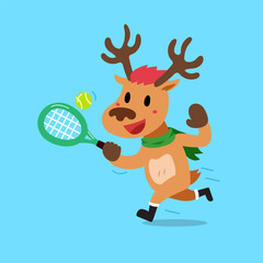 Cartoon character christmas reindeer playing tennis