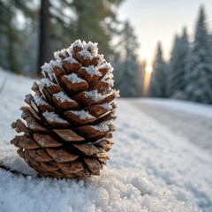 Frosty pine cone with a peaceful mood on a snowy forest path during sunrise