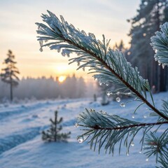 Frosted pine branch with dew drops and a tranquil mood during a winter sunrise