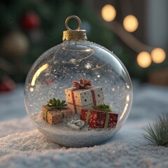 Decorative glass Christmas ornament with a joyful feeling showcasing gifts inside