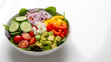 Fresh vegetable salad with colorful ingredients in a white bowl