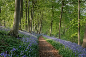 Enchanted Forest Path, Wide View of Bluebell Flowers, Spring Nature Landscape, Woodland Trail Design, Scenic Bluebell Woodland, Green Trees and Moss, Misty Forest Trail, Springtime Nature Background. © Hkpixel
