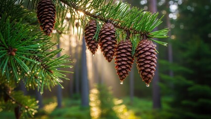 A pine cone hanging from a tree branch in a forest with sunlight filtering through the leaves.