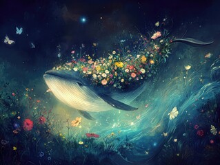 Whale adorned with vibrant flowers glides through an ethereal underwater scene