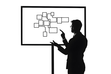 Business Presentation: A silhouette of a businessman confidently presents a detailed diagram on a screen, with the diagram representing complex concepts.