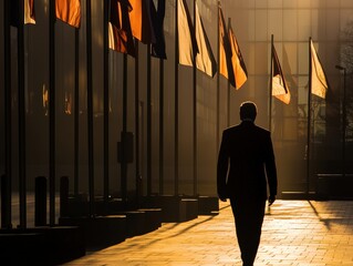 Successful businessman confidently walking toward global opportunities in vibrant light of international flags