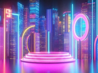Vibrant neon stage glowing in a futuristic cityscape, perfect for product presentations and virtual events