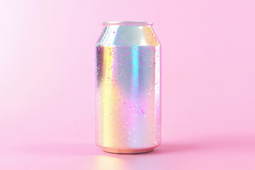 Colorful holographic can with a sparkling effect on a pink surface