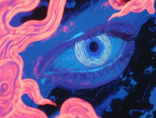 Glowing neon eye amid swirling electric patterns