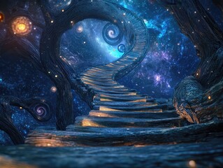 Glowing wooden staircase traversing luminous galaxy forest, ascending through starry night with ethereal, mystical ambiance