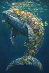 Majestic whale swims gracefully through the deep blue ocean, its body adorned with a vibrant tapestry of colorful flowers