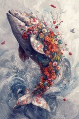 Colorful whale made of flowers leaping from a marbled ocean surface, symbolizing nature, beauty, and hope