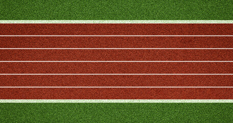 Top view of red running track lanes with white markings bordered by green field surface, suitable...