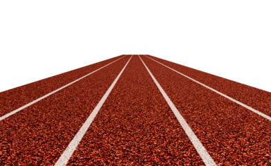 Red running track in deep perspective with white lane lines, ideal for athletics themes, fitness visuals, sport design concepts and training materials, isolated on white background with clipping path.