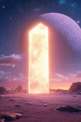 Luminous portal illuminating rocky planetary surface, massive moon looming, starry cosmic backdrop