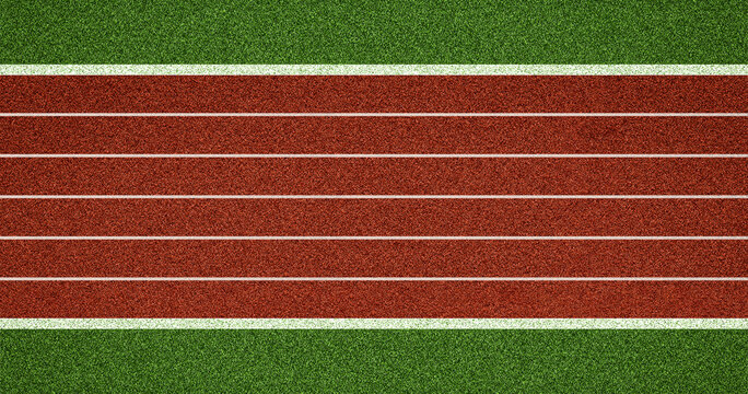 Top view of red running track lanes with white markings bordered by green field surface, suitable for athletics themes, sports design materials, fitness visuals and training-related concepts.