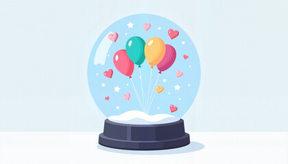Snow globe with colorful balloons and hearts