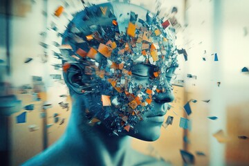 Human face fragmenting into vibrant geometric particles