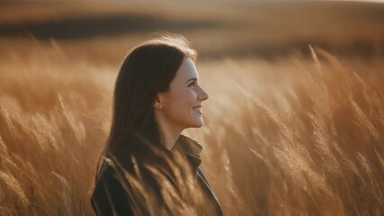 Medium close-up of a beautiful smiling woman with brown hair standing in tall golden backlit reeds during a warm cinematic sunset. - Powered by Adobe